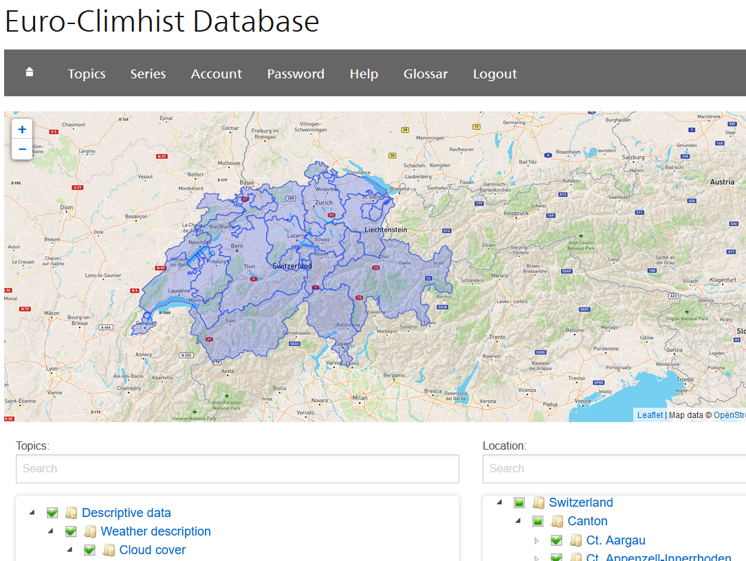 Bild: Ausschnitt aus der Suchseite zu den Schweizer Monatsberichten in der Euro-Climhist-Datenbank.