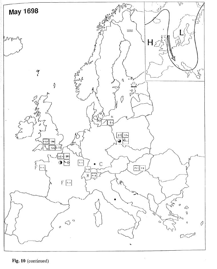 Räumliche Darstellung der Witterungsinformation aus Dokumentendaten, Mai 1698. Dieser Mai gehört zu den kältesten der letzten 500 Jahre. Quelle: Pfister et al. 1994: 363.